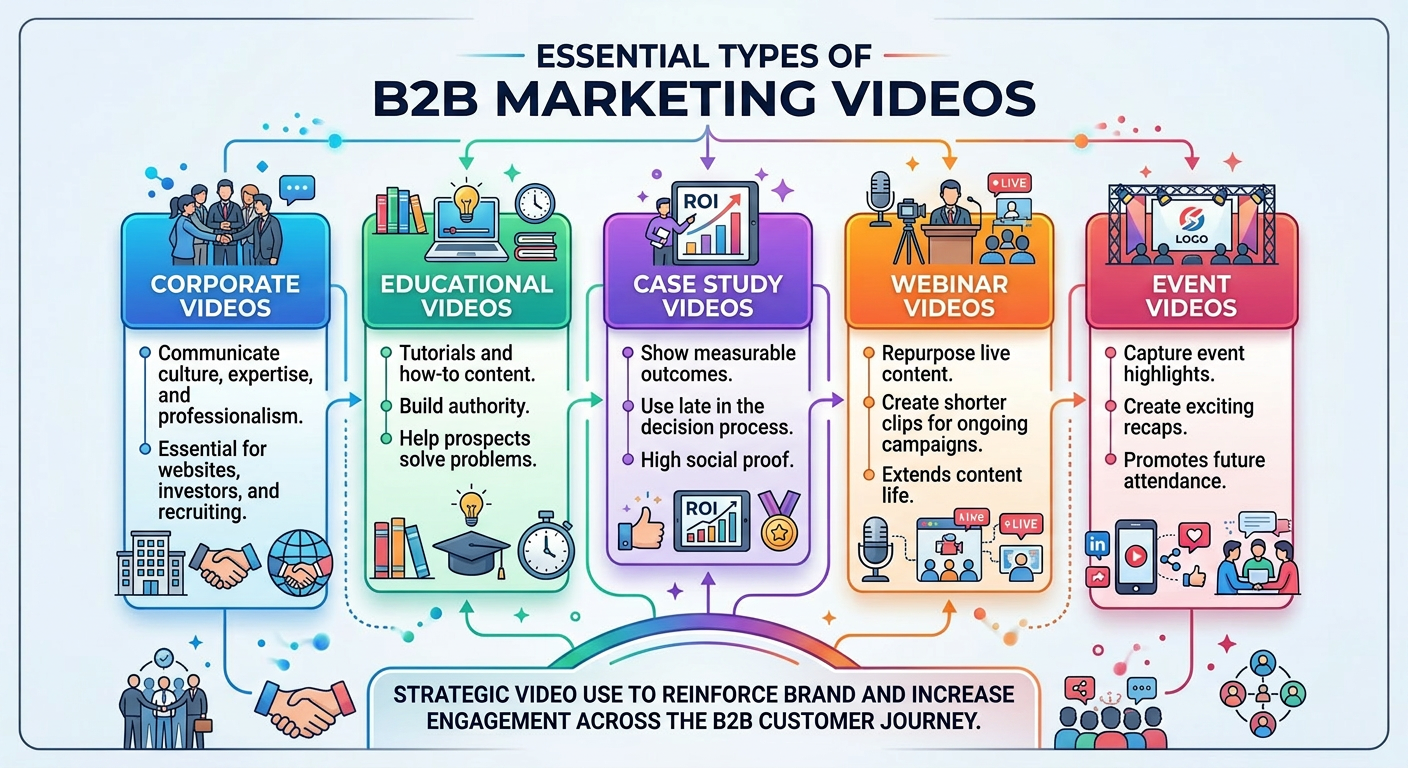 Essential types of B2B marketing videos: corporate videos for culture and recruiting; educational tutorials that build authority; case study videos with measurable outcomes; webinar videos repurposed into campaign clips; and event videos for highlights and engagement across the customer journey.